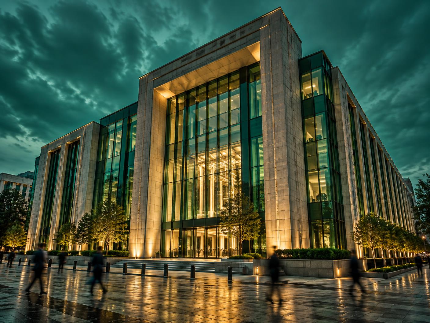 A modern bank headquarters building glowing at dusk
